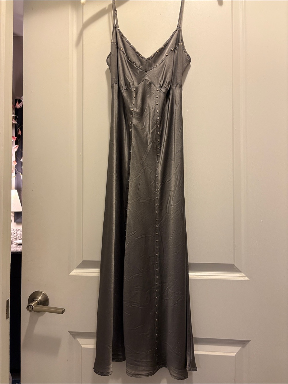 To the Max Silver Slip Maxi Dress with Stud Accents